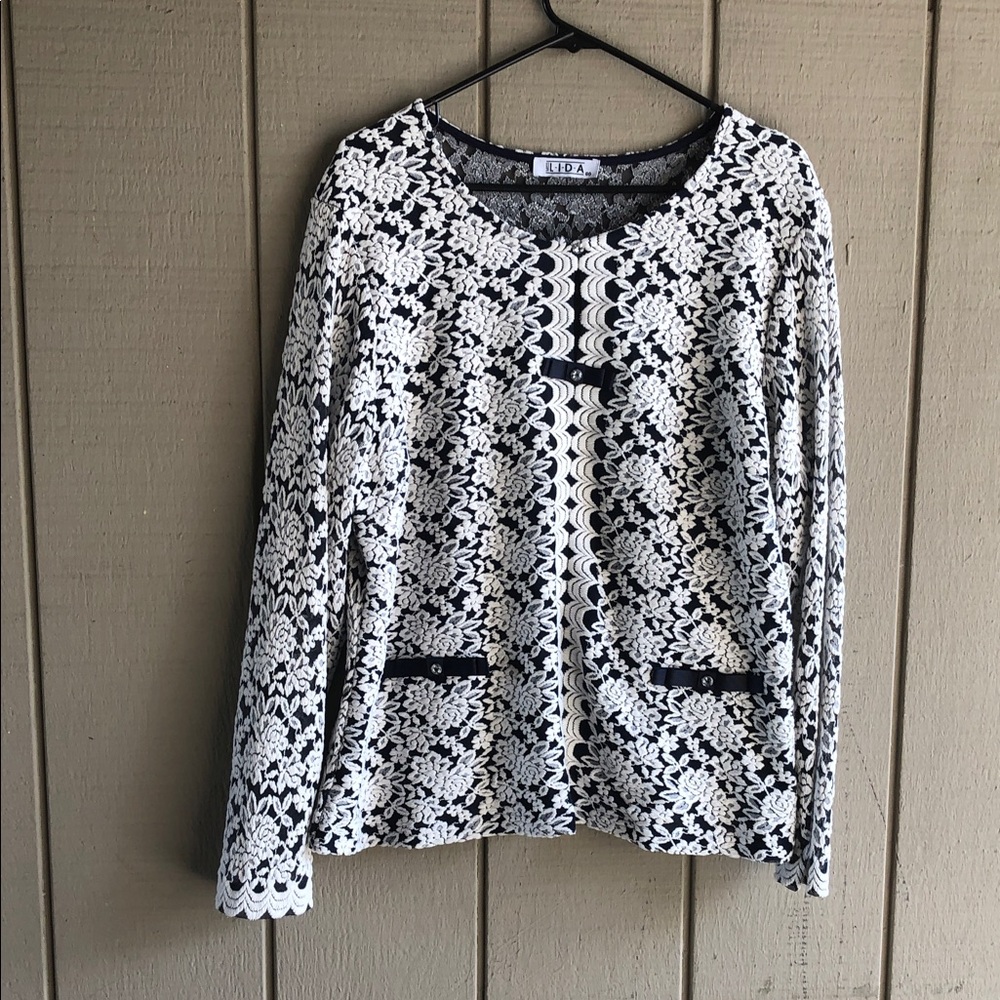 Lida Floral Lace-Pattern Black & White Long Sleeve Blouse